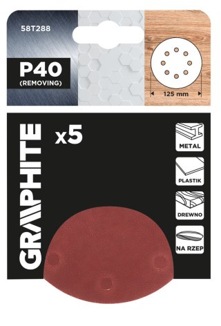 Krążki ścierne na rzep 125 mm, P40, 5 szt., z 8 otworami