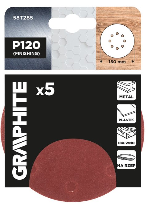 Krążki ścierne na rzep 150 mm, P120, 5 szt., z 8 otworami