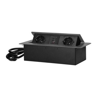Gniazdo meblowe wpuszczane w blat z płaskim frezowanym rantem, ładowarką USB i przewodem 1,5m, 2x2P+Z (Schuko), 2xUSB (typ A+C; 