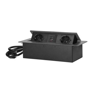 Gniazdo meblowe wpuszczane w blat z płaskim frezowanym rantem, ładowarką USB i przewodem 1,5m, 2x2P+Z (Schuko), 2xUSB (typ A+C; 