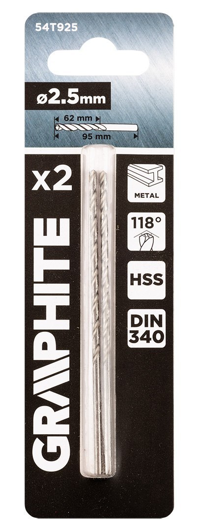 Wiertło do metalu HSS, DIN 340, przedłużane, 2,5 mm, 2 szt.