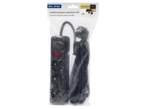 98-775# Przedłużacz sieciowy pr-370wsp/usb 3-gniazda+usb z uziemieniem+wyłącznik 3m czarny 3x1,5mm