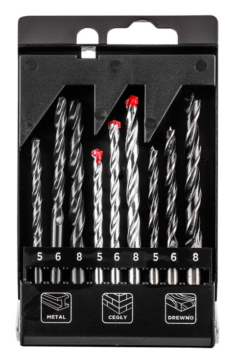 Zestaw wierteł do metalu, drewna, cegły: 5, 6, 8 mm, 9 szt.