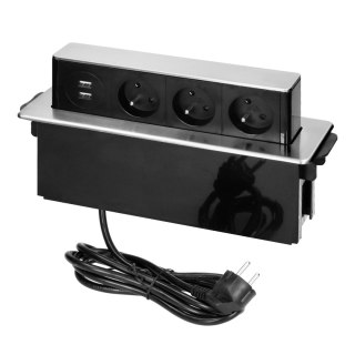 Gniazdo meblowe wysuwane z blatu z płaskim frezowanym rantem, ładowarką USB i przewodem 2m, 3 gniazda typ E, 2 x USB (2,4A), 3x