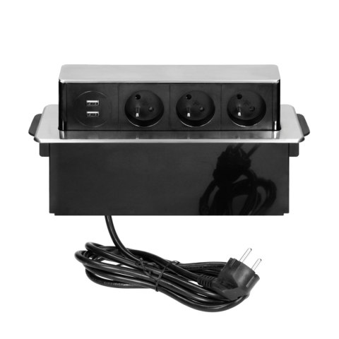 Gniazdo meblowe wysuwane z blatu z płaskim frezowanym rantem, ładowarką USB i przewodem 2m, 3 gniazda typ E, 2 x USB (2,4A), 3x
