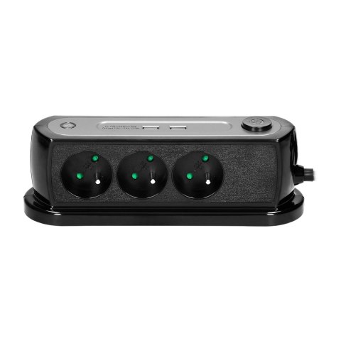 Listwa zasilająca nabiurkowa z wyłącznikiem 3x2P+Z, ładowarka 2xUSB 2.4A, Ogranicznik przepięć TYP 3, kabel H05VV-F 3x1,5, długo