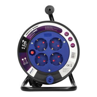 Przedłużacz bębnowy MINI, 4 gniazda 2P+Z (schuko), metalowy stojak, polwinit H05VV-F 3x1mm? - 15m