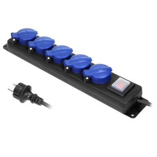 Przedłużacz warsztatowy bryzgoszczelny z wyłącznikiem, 5 gniazd 2P+Z (schuko), IP44, przewód gumowy, H05RR-F 3x1,5mm?, długość 5