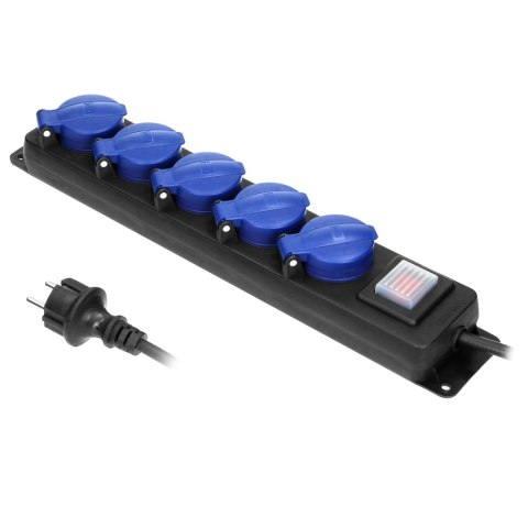 Przedłużacz warsztatowy bryzgoszczelny z wyłącznikiem, 5 gniazd 2P+Z (schuko), IP44, przewód gumowy, H05RR-F 3x1,5mm?, długość 5
