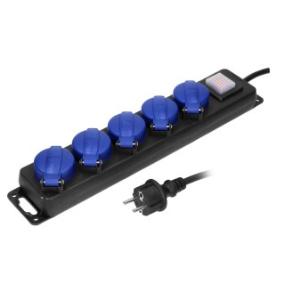 Przedłużacz warsztatowy bryzgoszczelny z wyłącznikiem, 5 gniazd 2P+Z (schuko), IP44, przewód gumowy, H05RR-F 3x1,5mm?, długość 5