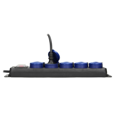 Przedłużacz warsztatowy bryzgoszczelny z wyłącznikiem, 5 gniazd 2P+Z (schuko), IP44, przewód gumowy, H05RR-F 3x1,5mm?, długość 5