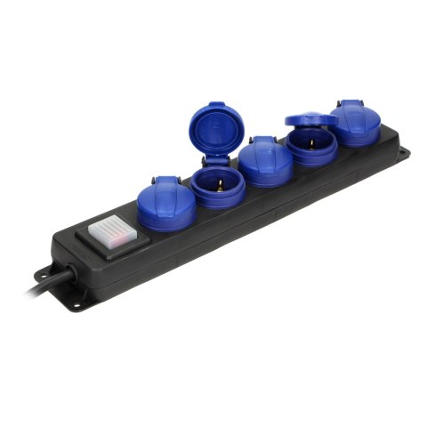 Przedłużacz warsztatowy bryzgoszczelny z wyłącznikiem, 5 gniazd 2P+Z (schuko), IP44, przewód gumowy, H05RR-F 3x1,5mm?, długość 5