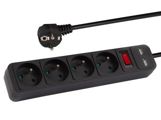 98-777# Przedłużacz sieciowy pr-470wsp/usb 4-gniazda+usb z uziemieniem+wyłączniik 1,5m czarny 3x1,5mm