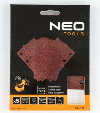 Papiery ścierne na rzep, prostokąt  80 x 130 mm, P120, 5 szt., z 8 otworami do 04-623