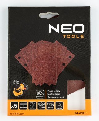 Papiery ścierne na rzep, prostokąt  80 x 130 mm, P240, 5 szt., z 8 otworami do 04-623