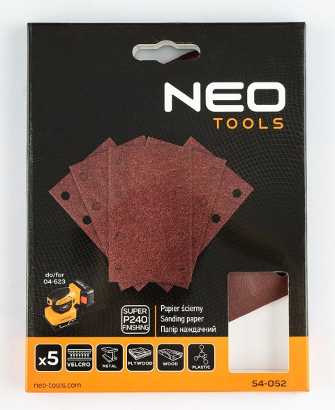 Papiery ścierne na rzep, prostokąt  80 x 130 mm, P240, 5 szt., z 8 otworami do 04-623