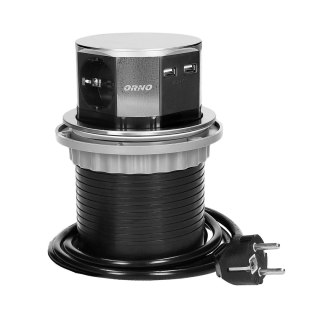 Gniazdo meblowe ?10cm wysuwane z blatu z ładowarką USB i przewodem 1,5m, 3x2P+Z, 2xUSB, INOX, schuko