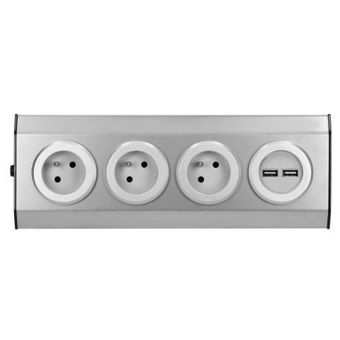 Gniazdo meblowe, kuchenne montowane na rzepy, z ładowarką USB - 3x2P+Z, 2xUSB, INOX.