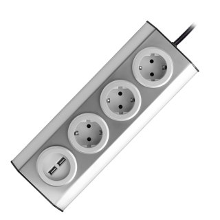 Gniazdo meblowe, kuchenne z ładowarką USB, montowane na rzepy z przewodem 1,5m - 3x2P+Z schuko, 2xUSB, INOX z przewodem 1,5m.
