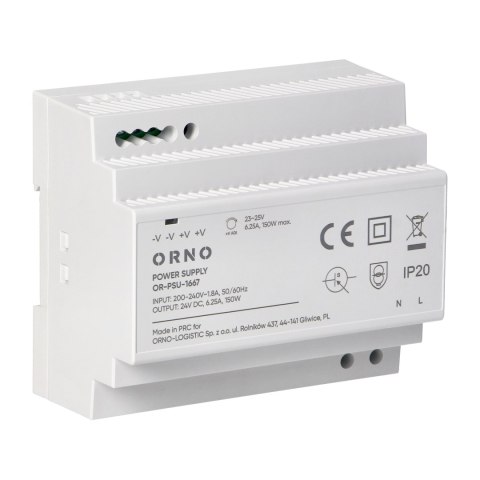 Zasilacz na szyne DIN, 24VDC, 6,25A, 150W, 6 modułów