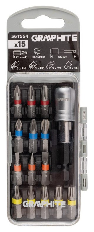 Zestaw bitów SL3/4/5, PH1/2/3, PZ1/2/3, TX10/15/20/25/30 x 25 mm, z uchwyt. magnet. 65 mm, 15 szt.