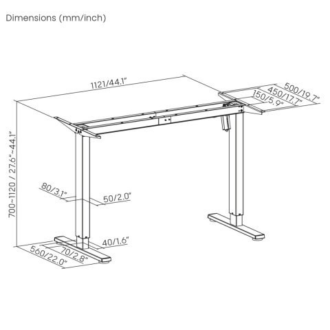 Biurko elektryczne regulacja wys. Ergo Office, max wys. 1160mm, max - 80 kg, bez blatu do pracy stojąco siedzącej, czarne, ER-40