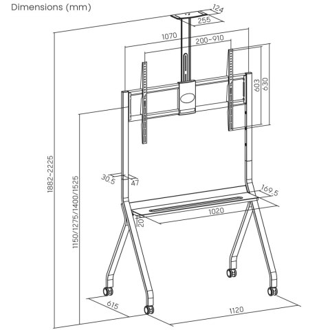 Stand / wózek do TV Maclean, półka na kamerę, na kółkach, 55-100", max. obciążenie 120kg/10kg półka, max. VESA 900x600, biały, M