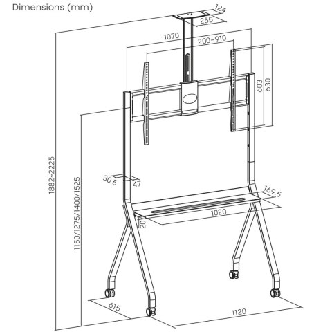 Stand / wózek do TV Maclean, półka na kamerę, na kółkach, 55-100", max. obciążenie 120kg/10kg półka, max. VESA 900x600, czarny,