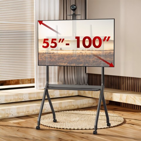 Stand / wózek do TV Maclean, półka na kamerę, na kółkach, 55-100", max. obciążenie 120kg/10kg półka, max. VESA 900x600, czarny,