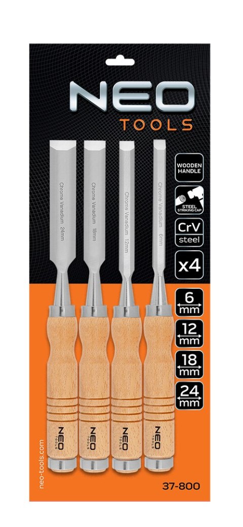 Dłuta 6, 12, 18, 24 mm, zestaw 4 szt. Uchwyt drewniany