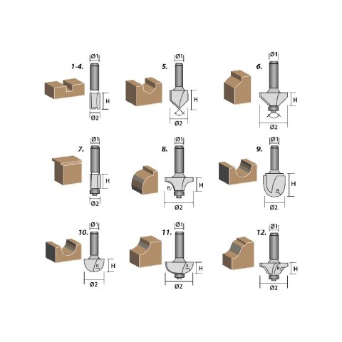 Frezy widiowe, trzpień 8 mm, zestaw 12 szt. Frezy widiowe, trzpień 8 mm, zestaw 12 szt.