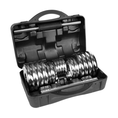 Hantle żeliwne chromowane regulowane w walizce z gryfem, zestaw 30kg REBEL ACTIVE