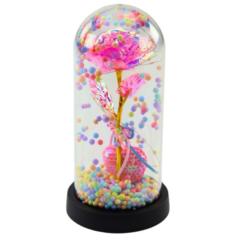 Wieczna Róża w Kopule z Oświetleniem LED Różowa z Serduszkiem i Kuleczkami