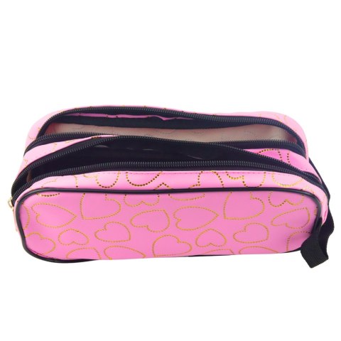 Piórnik Szkolny Biurowy Dwukomorowy Złote Serca Różowy 23,5x10 cm