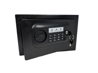 Czarny kompaktowy sejf biurowy na kod i klucz