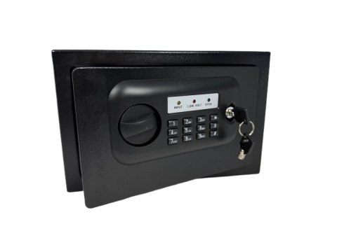 Czarny kompaktowy sejf biurowy na kod i klucz
