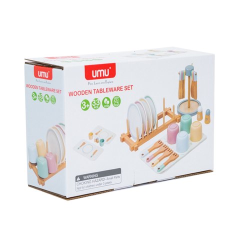 Drewniany Zestaw Naczyń Dla Dzieci Zastawa Stołowa Stojak 33El