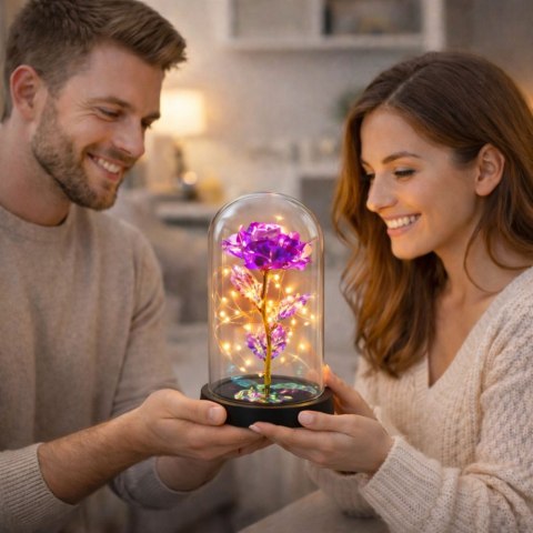 Wieczna Kryształowa Róża w Kopule z Oświetleniem LED Różowa 21x11cm