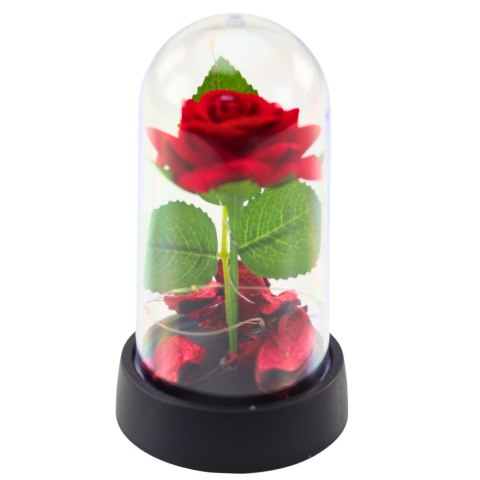 Wieczna Róża w Kopule z Oświetleniem LED Czerwona z Płatkami Róż 14x8cm