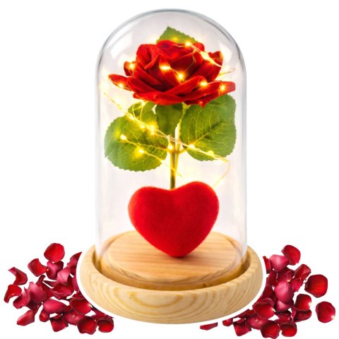 Wieczna Róża w Kopule z Oświetleniem LED Czerwona z Serduszkiem 14x8cm