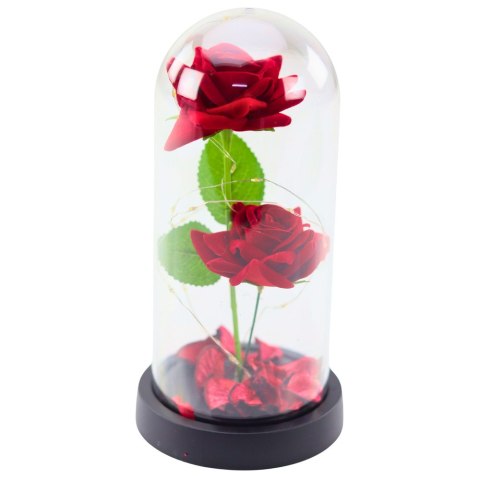 Wieczne 2 Róże w Kopule z Oświetleniem LED i Płatkami Róż Czerwone 21x11cm