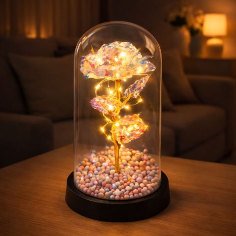 Wieczna Róża W Szklanej Kopule Oświetlenie LED Kryształowa 21,5 x 11 cm