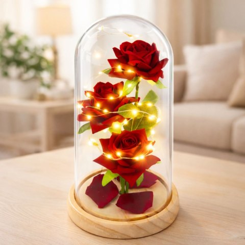 Wieczne Róże W Szklanej Kopule Oświetlenie LED Czerwone 21,5 x 11 cm