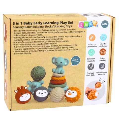 Zestaw Klocki Sensoryczne Gumowe Dla Niemowląt 3w1 Piłeczki Wieża
