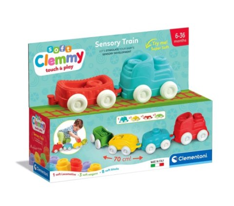 Clemmy Kolorowy Pociąg Sensoryczny Lokomotywa Wagony Klocki 70cm Clementoni 17961