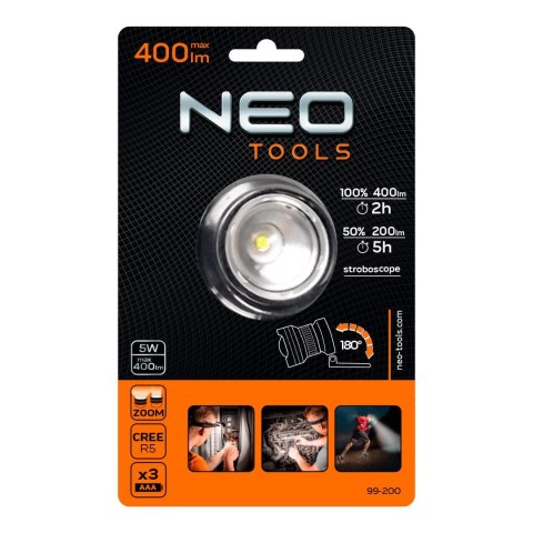 Latarka czołowa bateryjna 400 lm, zoom, CREE R5, 3xAAA