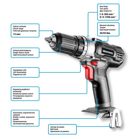 Wiertarko-wkrętarka akumulatorowa Energy+ 18V, Li-Ion, uchwyt samozaciskowy 13 mm, bez akumulatora