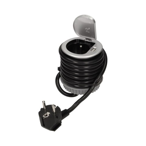 Gniazdo meblowe ?6cm wpuszczane w blat z pokrywką, ładowarką USB i przewodem 1,8m, 1x2P+Z, 1xUSB