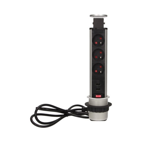 Gniazdo meblowe ?6cm wysuwane z blatu z ładowarką USB, blokadą i przewodem 1,8m, 3x2P+Z