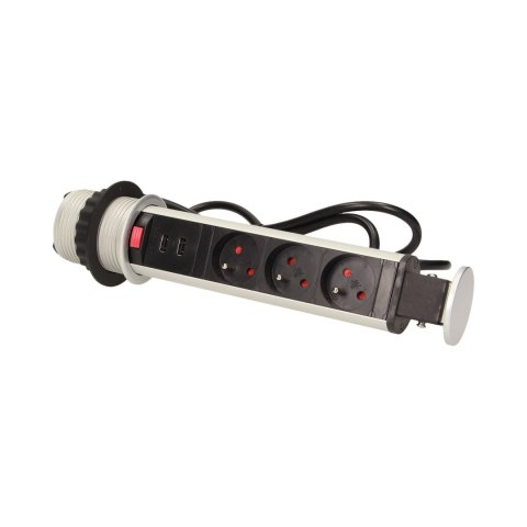 Gniazdo meblowe ?6cm wysuwane z blatu z ładowarką USB, blokadą i przewodem 1,8m, 3x2P+Z